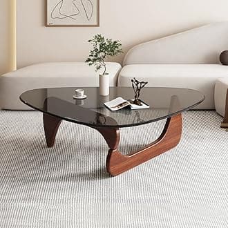 Triangle Coffee Table Modern Noguchi End Table, Solid Wood Base and 8mm Thick Tempered Glass Top Accent for Living Room Office Hotel Patio (Walnut Legs + Gray Glass, 36 * 26 * 16)