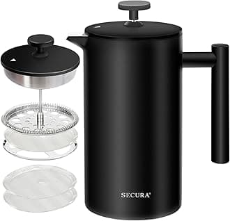 Secura French Press Coffee Maker Stainless Steel Insulated – 34 oz, Double-Wall Insulation Design, Keeps Coffee Hot for Hours, Durable and Easy to Clean, Perfect for Home, Office, and Travel, Black