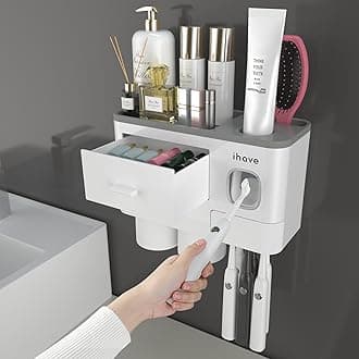 – iHave Toothbrush Holder Bathroom Decor, 2 Cups Toothbrush Holder Wall Mounted with Toothpaste Dispenser, Bathroom Accessory Tooth Brush Holder with Large Capacity Tray, Cosmetic Drawer
