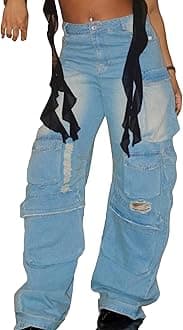 Vakkest High Waisted Cargo Jeans for Women Wide Leg Casual Baggy Trendy Denim Pants with Multi Pockets