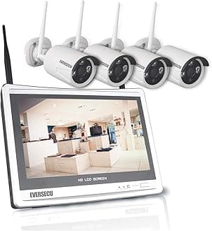 EVERSECU 1080P Home Security Camera System Wireless with 12 Inch Monitor WiFi Surveillance NVR Kits, 4 Channel WiFi Video Security System with 4Pcs 2.0MP IP Cameras,Free APP(No HDD)
