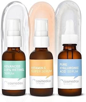 Cosmedica Skincare Facial Serum Trio Set – Vitamin C, Retinol & Hyaluronic Acid Serums for Face – Hydrating & Smoothing Skincare – Vegan, Cruelty Free (3 x 1 oz)
