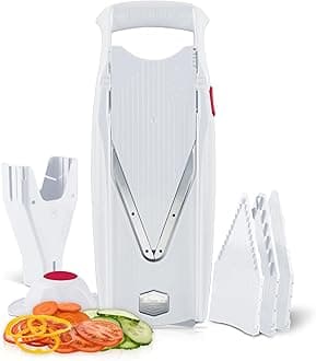 Swissmar Börner VPower V-Slicer Mandoline – Professional Kitchen Tool with Adjustable Thickness – Precision Food Slicer for Vegetables, Julienne, Shredding – Includes Safety Holder & Inserts - White