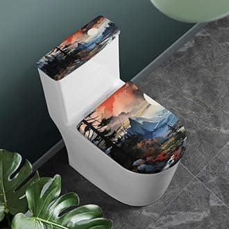 Chinese Ink Wash Painting Bathroom Toilet Seat Cover Set Landscape Painting Toilet Seat Covers with Elastic Edge Smoke Mountain Forest Dust Cover Washable Reusable