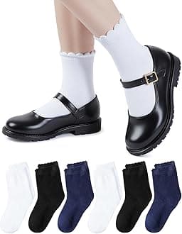 HONGTEYA 6 Pairs Girls White Ruffle Socks School Uniform Dress Socks for Kids Seamless Crew Ankle Cotton Size 2-14 Years