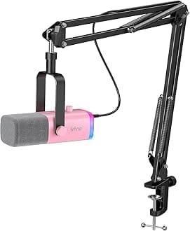 XLR Gaming Microphone USB, PC Dynamic Microphone Kit for Vocal, Recording, Podcast, Streaming RGB Mic with Headphone Jack, Mute Button, Boom Arm Stand for Computer/Mixer-AmpliGame AM8T Pink