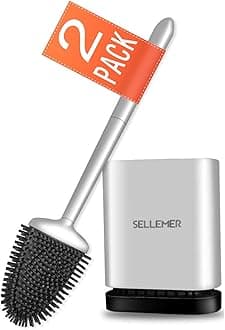Sellemer Toilet Brush and Holder Set for Bathroom, Flexible Toilet Bowl Brush Head with Silicone Bristles, Compact Size for Storage and Organization, Ventilation Slots Base (2 Pack, Silver)