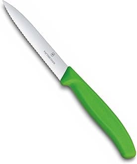 Kitchen Knife, Stainless Steel Swiss Made Vegetable Cutting and Chopping Knife, Serrated Edge, 10 cm, Green