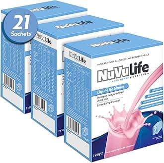 NuVu Life, Liquid-Life Shake. High Calorie, High Protein, Nutrient Rich Powdered Drink Mix for Weight Gain or Meal Replacement (Strawberry, 21 Sachets)