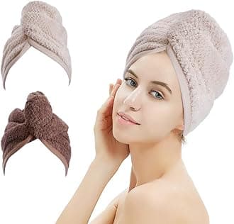 2 Pack Hair Drying Towels,Hair Wrap Towels,Absorbent Microfiber Hair Towel Turban with Button Design to Dry Hair More Quicker（Khaki&Coffee）