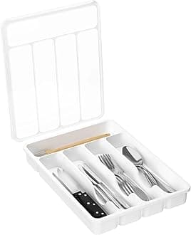 LifewitCutlery Drawer Organiser with Lid, Plastic Small Cutlery Tray for Kitchen Drawer, Utensil Flatware Silverware Holder Divider for Spoons Forks Knives Tableware, 5 Compartment, WhiteRecycled Claim Standard 100