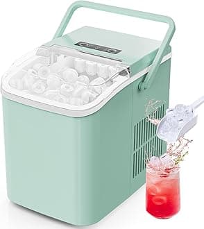Sweetcrispy Countertop Ice Maker with Scoop, Basket and Handle, Portable Ice Machine 9 Ice Cubes Ready in 6 Mins, 26.5lbs in 24Hrs, 2 Sizes for Home Kitchen Office Bar Party, Green