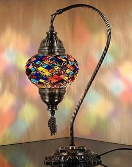 DEMMEX Turkish Mosaic Lamp - Handmade Turkey Handmade Table Lamp - Antique Brass Style Metal and Decorated Glass - Oriental Atmosphere Lighting Living Room Bedroom Office A++