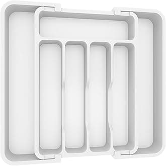 Lifewit Extendable Cutlery Drawer Organiser, Adjustable Cutlery Tray, Plastic Adjustable Kitchen Storage Dividers for Utensil Spoons Forks Knives, 7 Compartments, 23-37 x 31cm, White
