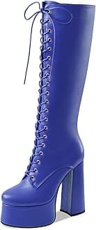 Women's High Chunky Heel Platform Knee High Boots Fashion Leather Lace Up Heeled Long Boots Wide Calf