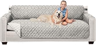 Sofa Shield Patented Couch Slip Cover, Large Cushion Protector, Reversible Stain and Dog Tear Resistant Slipcover, Quilted Microfiber 78” Seat, Washable Covers for Dogs Pets Kids, Damask Latte Ivory