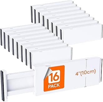 Lifewit 16 Pack 4" High Drawer Dividers 28-43.5cm/11-17" Adjustable Drawer Organizer for Clothes/Utensils, Expandable Drawer Separator in Dresser/Kitchen/Bedroom/Office Organization & Storage White