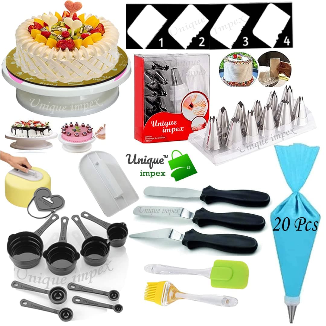 cake making set combo - Cake Turntable + Cake Smoother + 8-Pc Black Measuring Cups + Silicone Spatula and Brush Set + 4 Pcs Set Scraper + 12 Piece Cake Decorating Nozzle Set + 3 Pcs Multi-Function Stainless Steel Cake Icing Spatula Knife (All Product Reusable & Washable)