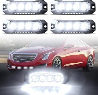 4-LED Surface Mount Strobe Lights for Trucks Car Vehicle Mini Grille Flashing Light Head Emergency Hazard Warning Grill Lamp Ultra Slim 4pcs Sync Feature (White)