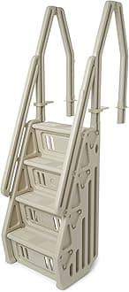 Vinyl Works Deluxe Adjustable 24 Inch Wide in Pool Step Ladder Entry System for Above Ground Swimming Pools with Non Slip Steps, Taupe