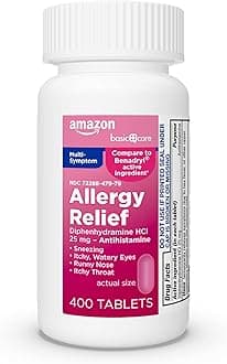 Amazon Basic Care Complete Allergy Relief, Diphenhydramine HCl 25 mg, Easy to Swallow Mini-Tabs, Relieves Sneezing, Itchy Eyes, Runny Nose, Itchy Throat, 400 Count