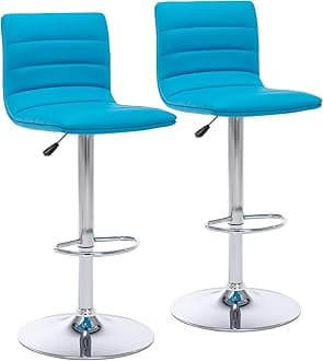 Vogue Furniture Direct PU Leather Bar Stools, Modern Square Adjustable Swivel Barstools with Back, Armless Airlift Counter Height Bar Chairs for Kitchen Dining Set of 2 (Blue)