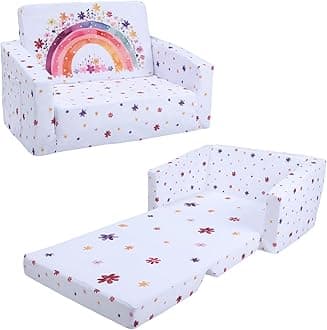 decalsweet Kids Couch Convertible Sofa to Lounger for Toddler Girl, Foldable 2-in-1 Kids Sofa Bed, Toddler Chairs Comfy for Bedroom Playroom, Rainbow