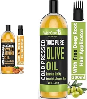 WishCare® Pure Cold Pressed Sweet Almond Oil for Hair Growth and Glowing Skin & Face - 200ml & WishCare® 100% Pure Premium Cold Pressed Olive Oil for Hair & Skin - 200ml