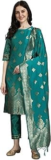 VredeVogel Women's Cotton Silk Jacquard Kurta Pant with Banarasi Silk Dupatta