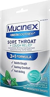 Mucinex InstaSoothe Sore Throat + Cough Relief Alpine Herbs & Mint Flavor, Fast Acting, Cooling Comfort, Powerful Sore Throat Oral Pain Reliever, 40 Medicated Drops (Pack of 3)