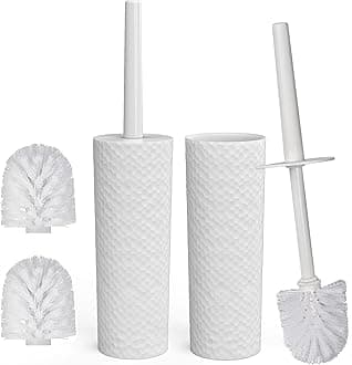 Topsky Toilet Brush with Holder, 2 Pack Compact Toilet Bowl Cleaner Brush and Holder with Stainless Steel Handle, Toilet Bowl Brush for Bathroom Storage (2Base+4Heads, White2)