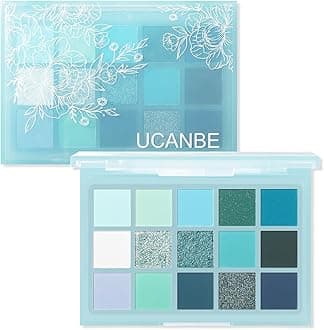 UCANBE 15 Color Eyeshadow Palette – Shimmer Matte Glitter Metallic Cool Tones Shades in White, Blue, Green, Mint, Teal, Navy – High Pigemented Blendable Eye Makeup Palette Kit