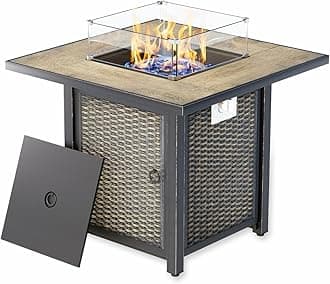 30" Square Fire Pit with Ceramic Tabletop – 50,000 BTU with Wind Guard Glass, Lid, Rocks and Cover – Modern Outdoor Propane Gas Fire Pit Table for Deck or Patio (Black, 30” Square)