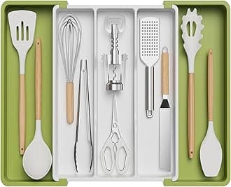 Lifewit Utensil Organizer for Kitchen Drawers, Expandable Cooking Utensil Tray, Adjustable Cutlery Silverware Flatware Holder, Plastic Spatula Tools and Gadgets Storage Divider, Large, Green&White
