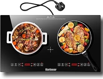 Karinear Double Ceramic Hob, 13AMP Plug in Electric Hob with LED Display, 2 Ring Electric Hob with 4-Hour Timer, up to 1600W Power, Safety Lock for All cookware