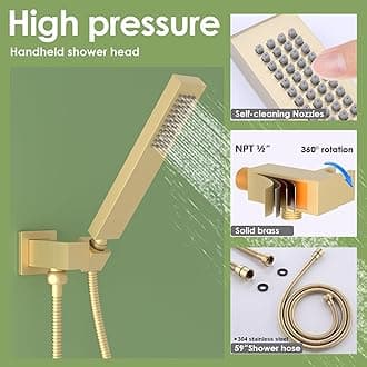 Enga Brushed Gold Rain Shower System with 4 Body Shower Jets 12inch Wall Mount Rainfall Shower Head & Handheld, Multi Shower Head System Rain Shower Faucets sets Combo with Rough-in Valve