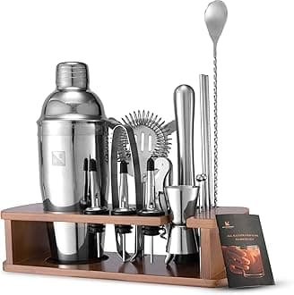 KITESSENSU Cocktail Making Set with Stand, Cocktail Shaker Set Bartender Kits Bar Tools Drink Mixer - Martini Shaker, Jigger, Strainer, Mixer Spoon, Muddler, Liquor Pourers - Silver