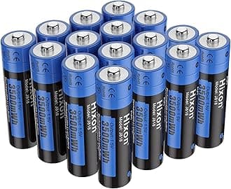 - Hixon 1.5V Rechargeable AA Lithium Batteries,16-Pack 3500mWh Double A Li-ion Battery,1600Cycles,Constant Ooutput,Max 3A Discharge.(Charger Not Included)