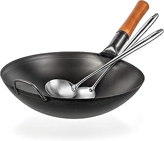 14" Carbon Steel Wok Pan Set - Pre-Seasoned, 17" Wok Spatula & Ladle - Heat-Resistant, Dishwasher Safe