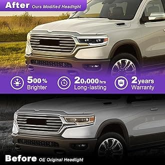 500% Brighter LED Projector Headlight Assembly with DRL Fit For 2019-2022 Dodge Ram 1500 TRX/Longhorn 2019 2020 2021 2022 Head Lamps Left Side-L