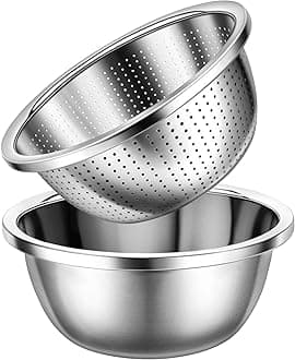 Colander 304 Stainless Steel 3-quart with Mixing Bowls, Strainer for Kitchen Food For washing vegetables, fruit, rice, Dishwasher Safe. (2PC)