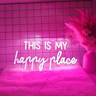 Neon Signs - 'This Is My Happy Place' Pink LED Neon Lights for Wall Decor, 16x9 Inches, Plastic Material, Rectangular Shape, USB Powered, Wall Mount