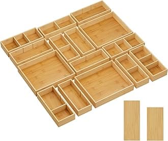 Lifewit 15 pcs Bamboo Drawer Organiser(33 Grid) with 18 Inserts, Adjustable Desk Drawer Dividers Trays, Stackable Wood Storage Boxes for Stationery, Makeup, Kitchen Utensils in Office/Bathroom/Bedroom