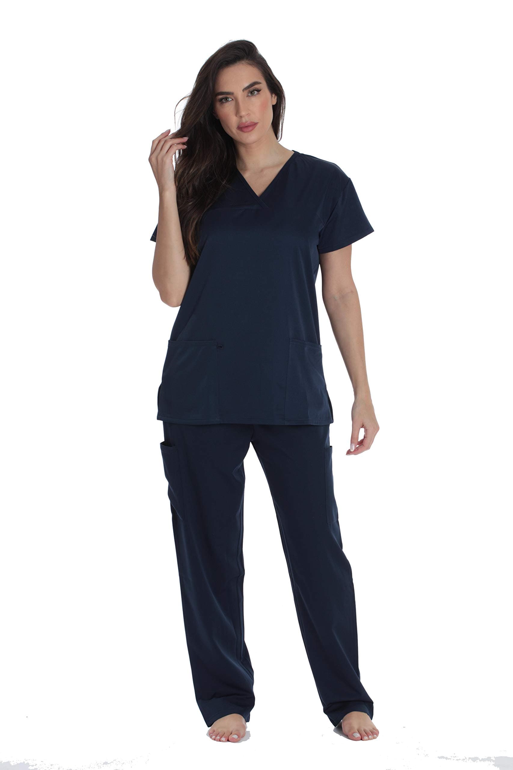 Solid Stretch Scrub Set for Women Stretchy Mock Wrap Top and Cargo Pants