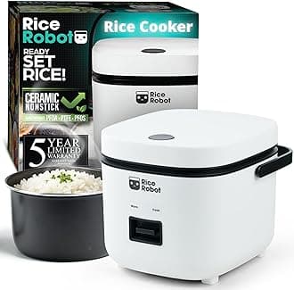 Rice Robot Personal Rice Cooker, PFAS-free, Nonstick. 1 Quart Capacity, with Stainless Steel Steamer Tray, Measuring Cups, Recipe Book with 60 Recipes, and Serving Spoon, As Seen On TV