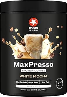 MaxPresso White Mocha 300 g | Protein Coffee Powder with 21 g Whey Protein per Serving Mix Hot or Cold | Real Coffee & White Chocolate Flavour | Sugar‑Free & Low‑Fat