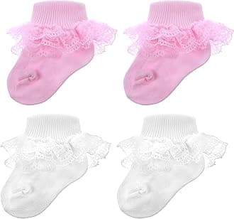 Pink & White Ruffle Socks Double Lace Ruffled Ankle Socks for Girls 2 Pairs Princess Eyelet Frilly Baptism Dress Sock Soft Newborn Sock for Autumn Winter Cute Photo Shoot Party Outfit Accessory
