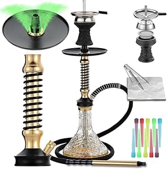 Hookah Set with Everything,20"Shisha Set with Glass Vase,Portable Glass Vase with Disposable Tips,Silicone hose,Ceramic Bowl.(Gold)