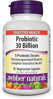 Webber Naturals Probiotics, High Potency, 30 Billion CFU, for Men, Women, and Adults, Shelf Stable (No Refrigeration Required), 8 Probiotic Strains, 30 Vegetarian Capsules, for Digestive Health