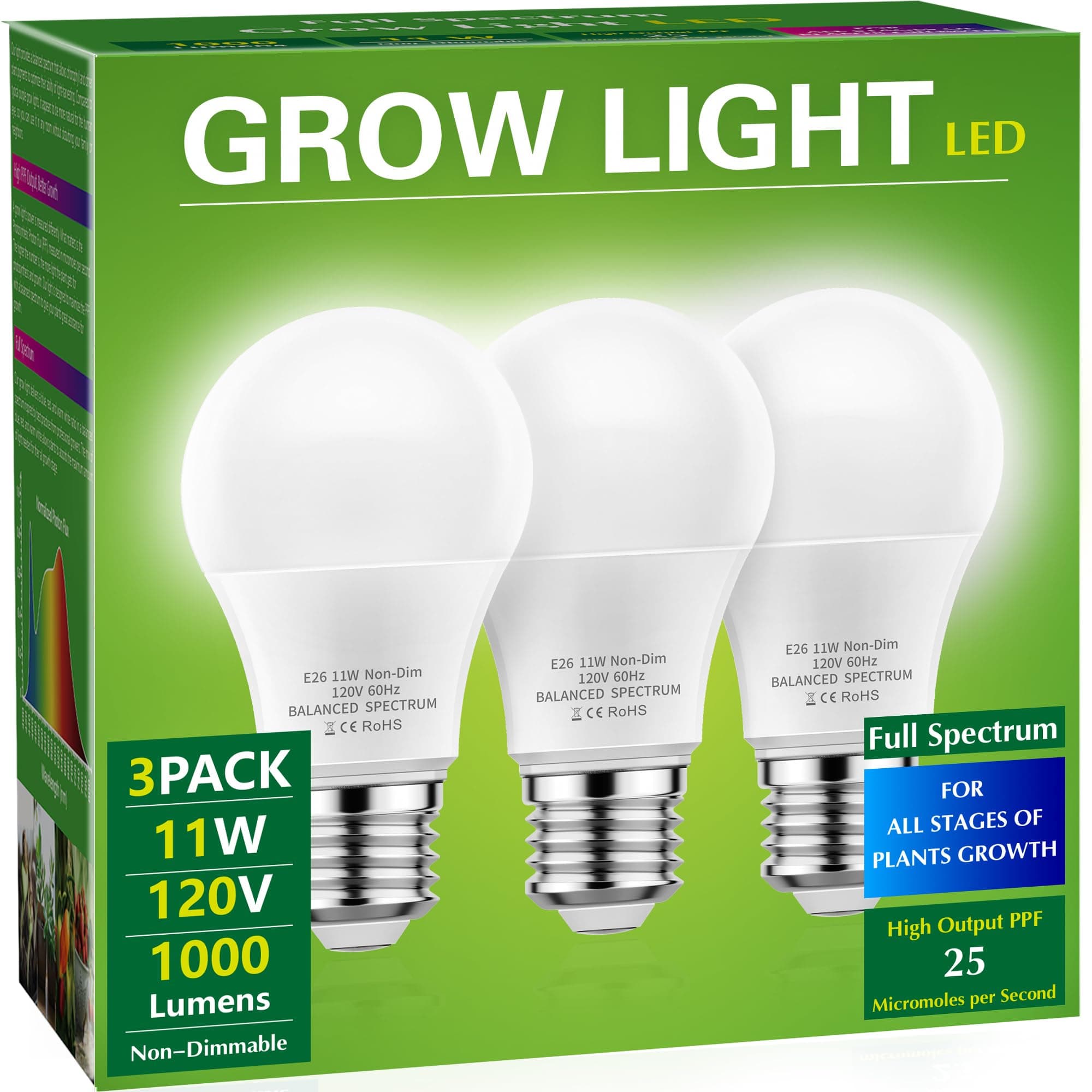 Full Spectrum LED Grow Light Bulb - A19 E26 Base, 11W (100W Equivalent) - for Indoor Plants, Seed Starting - 3 Pack
